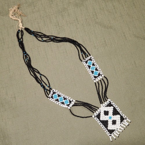 Vintage Navajo Tapestry Loom Seed Bead Necklace Geometric Fringe Native American