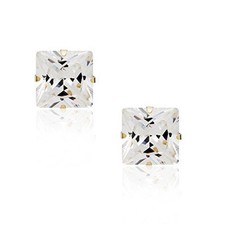 14K Yellow Gold Square Princess White Clear CZ Classic Stud Earrings, 3 mm