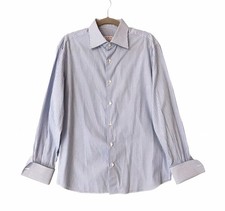 Isaia Napoli Dress Shirt Light Blue White Stripe Cotton French Cuff Sz 16.5 42