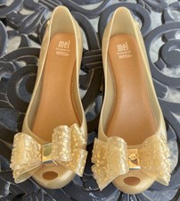 Girls Mel by Melissa Mini Gold Sparkle Bow Pull On Jelly Ballet Flat Shoes Siz 3
