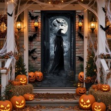 Witch Moonlight Halloween Door Banner Full Moon Bats Backdrop Front Decor