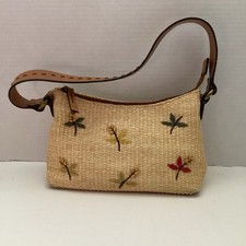Borsa, vintage fossile in paglia intrecciata naturale, fiori ricamati, perline, bordo in pelle
