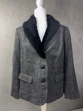 Talbots Aberdeen Gray Herringbone Blazer Faux Fur Collar Size 16