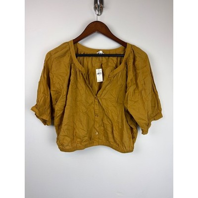 NEW Aerie Top Large Mustard Yellow Boho Cropped Puff Sleeve Button Front Cotton