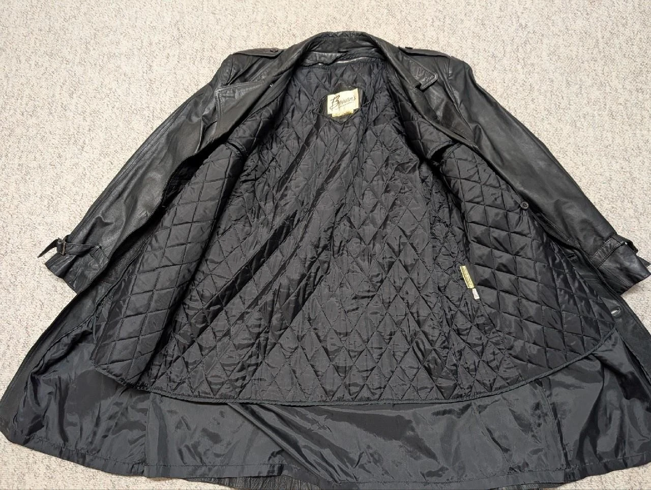 1980s vintage TRENCH COAT leather 42 double breasted BELTED black SHERLOCK - product detail image 4