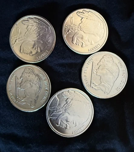 FIVE (5) 1 oz Silver Round CNT Buffalo Design .9999 Fine