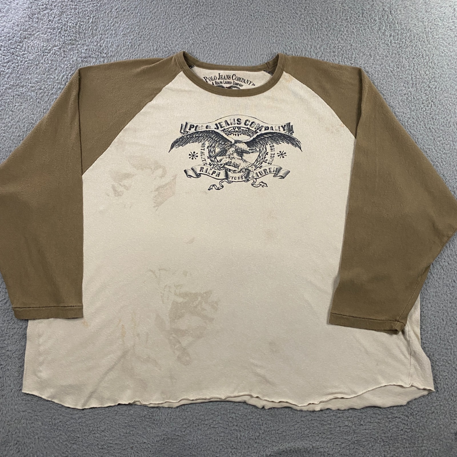 VTG Y2K Polo Jeans Co T-Shirt Mens 6XL Raglan Distressed Logo Knit Cotton