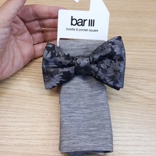 BAR III Mens Gray Floral Jacquard Textured Bow Tie Pocket Square Set