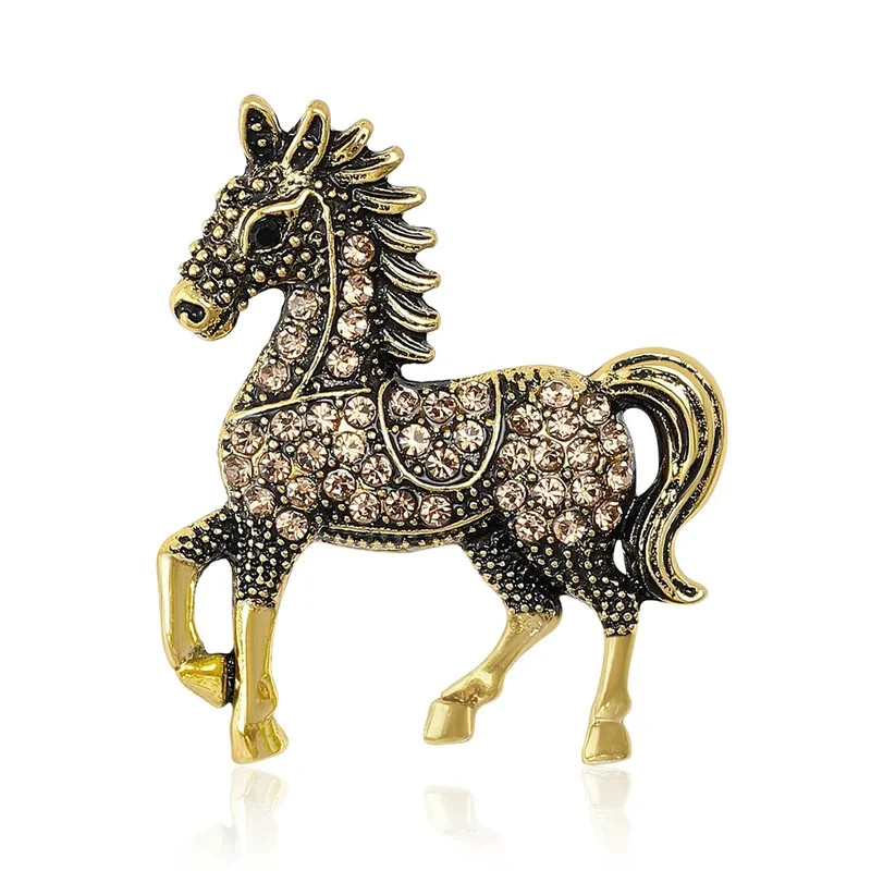 Vintage Style Walking Rhinestone Horse Brooch Pin – Brown Crystal Gold Tone