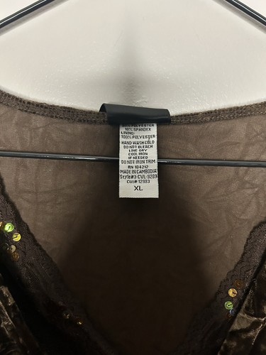 Blusa Y2K anni 90 velluto schiacciato profondo scollo a V taglia XL pizzo paillettes stravagante strega - Foto 4 di 7