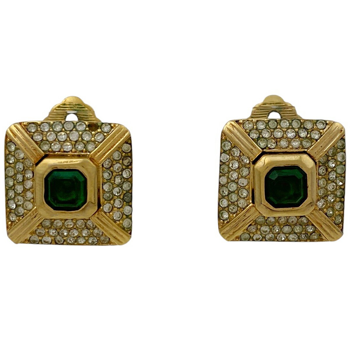 Christian Dior Rhinestone Square Earrings in GP Gold Green