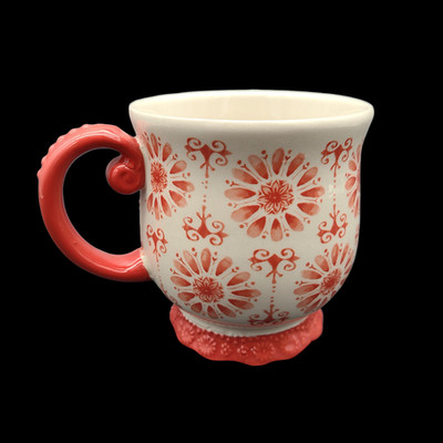 Pioneer Woman Floral Burst Coffee Mug Footed Pedestal Tea Cup Red White Ceramic