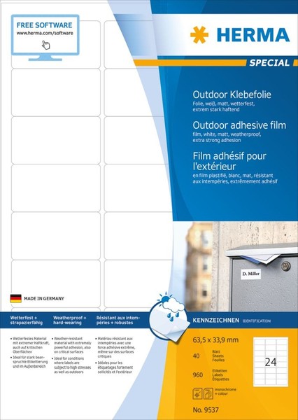 Herma Special Wetterfeste Outdoor-Folienetiketten A4, 63,5 X 33,9 Mm, Weiß, Extr-image