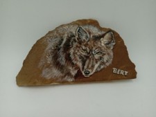 Hand Painted Wild Wolf Rustic Stone Slab Painting of Wolf Figurine Signed Bert
