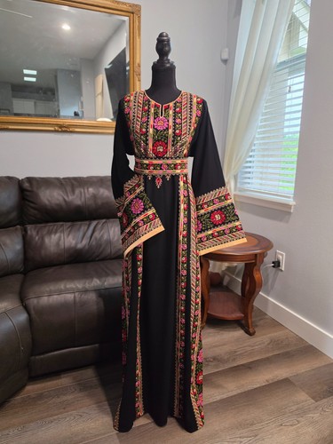 Black Jordanian Palestinian Thobe Dress Abaya Full Colorful Embroidery tatreez