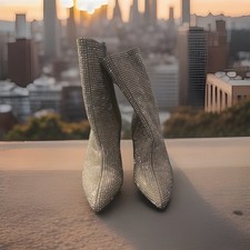 Womens Gray Rhinestone Block Heel Zip Textile Upper Pointed Toe Ankle Bootie 8.5