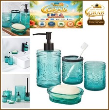 4 Piece Bathroom Accessories Set Teal Blue Glass Soap Dispenser Toothbrush