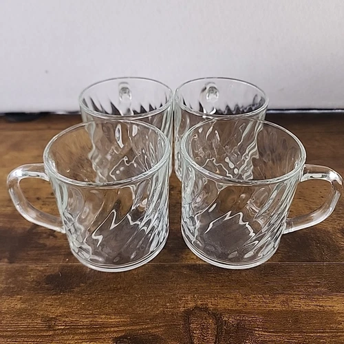 Arcoroc France  Clear Swirl Pattern Ribbed Glass Coffee Tea Cups Mugs Set Four