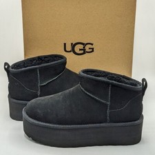 UGG  Classic Ultra Mini Platform  Women  s Suede Shearling Ankle Boot Black NEW
