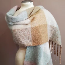 Wrap Shawl Scarf Plaid Gray Pink Gold Fringe Warm Blanket Weight 70" x 16" Soft