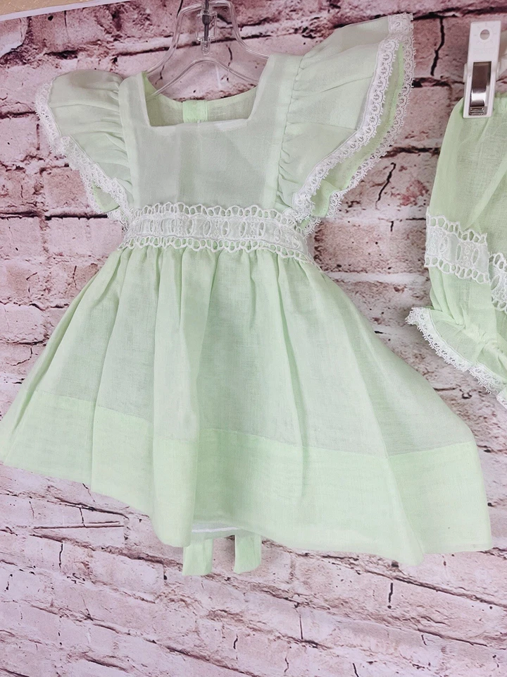 De Colección Nanette Transparente Verde Menta Delantal Bebé Vestido Florers Encaje Lazo Pascua 12 meses Foto 4 de 4