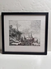 Vintage Framed Drawing Print  Signed by Artist Bajor Agost “Halászbástya” 17x15”