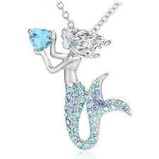 Cute Mermaid With Blue Zircon Heart Pendant Necklace