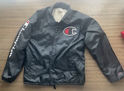 Vtg Champion Jacket Men's Size Large Black Fleece Lined Waist