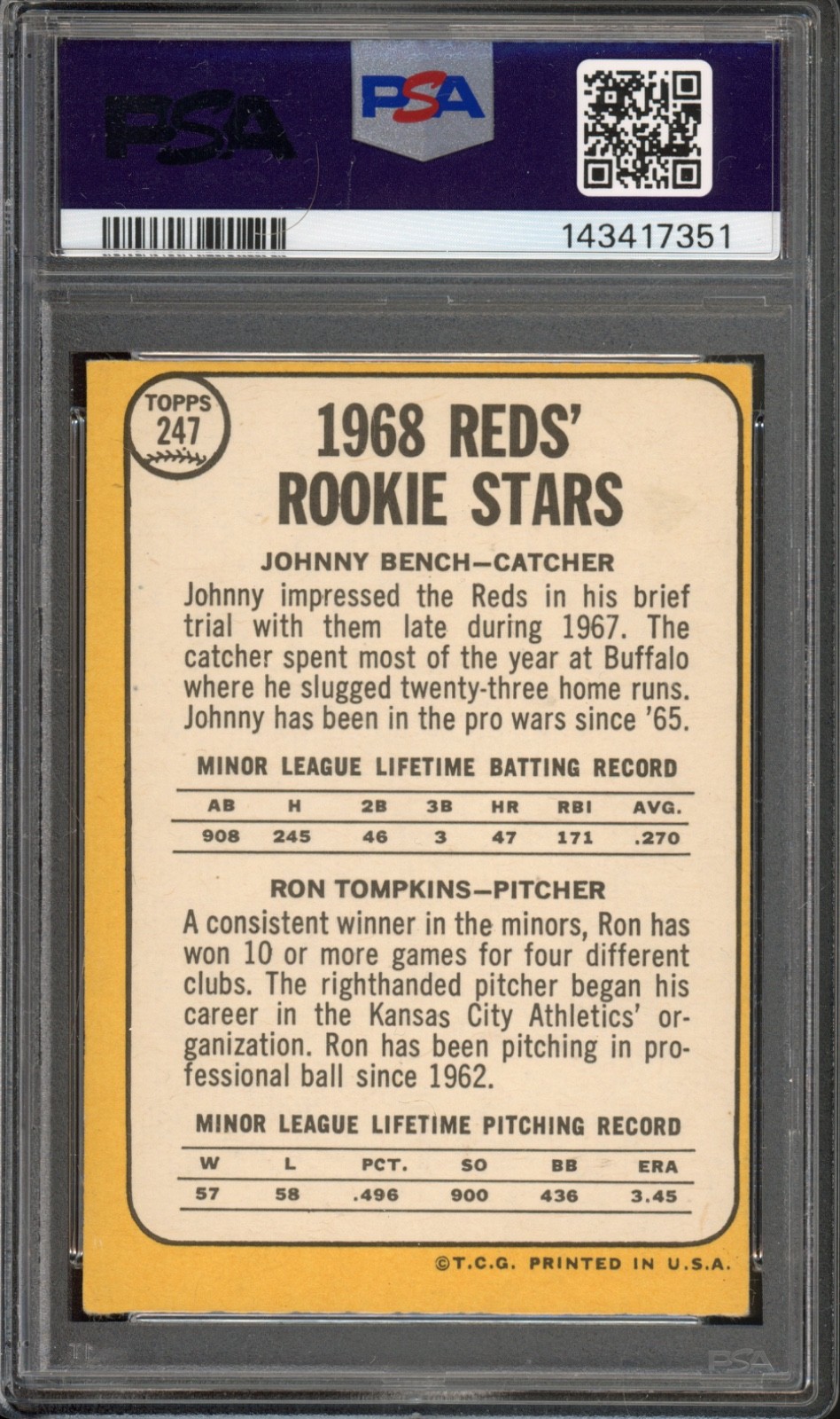 1968 Topps #247 Johnny Bench Rookie PSA 4 Vintage HOF RC Baseball Card (7351) view 2