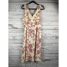 Cynthia Rowley Dress Women's 12 Floral Sleeveless Linen Midi Pockets V Neck