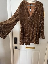 boohoo Sequin Velvet Twist Front Dress Brown Gold Bell Sleeve V-Neck US 22 