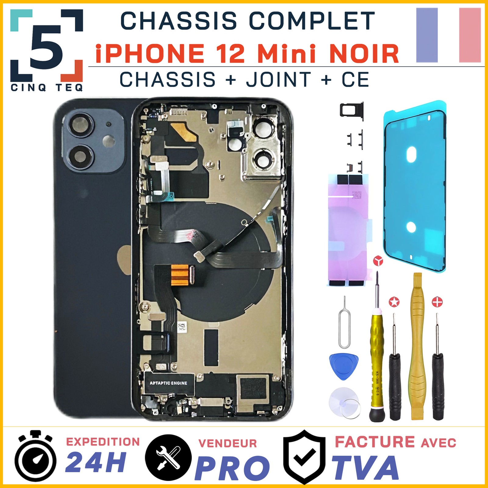 Châssis iPhone 12 Mini noir pour réparer une vitre arrière cassée et tordue
