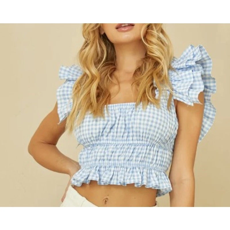 Haut Crop Top Mustard Seed Pois Bleu Femme Taille S – Coton Crop Top à Pois