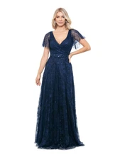 B&A  BY BETSY & ADAM Womens Navy Lined Flutter Sleeve Gown Dress 6