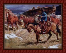 CANYON GATHERING "Before The Hard Work" 36"X45" Quilt Panel Cowboy Horse Drive