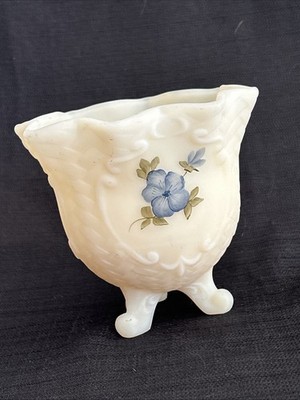 Vintage Fenton Blue Dogwood Hand painted Custard Glass 3-toed Bowl Vase Signed
