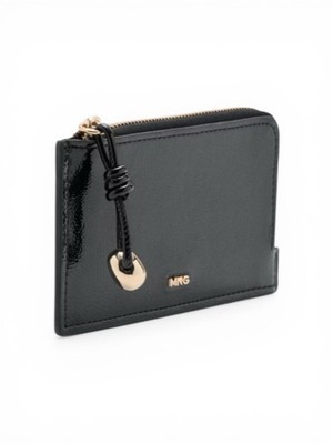 Mango MNG Wallet Black Patent Leather Trim Zip Gold Accents New With Tags