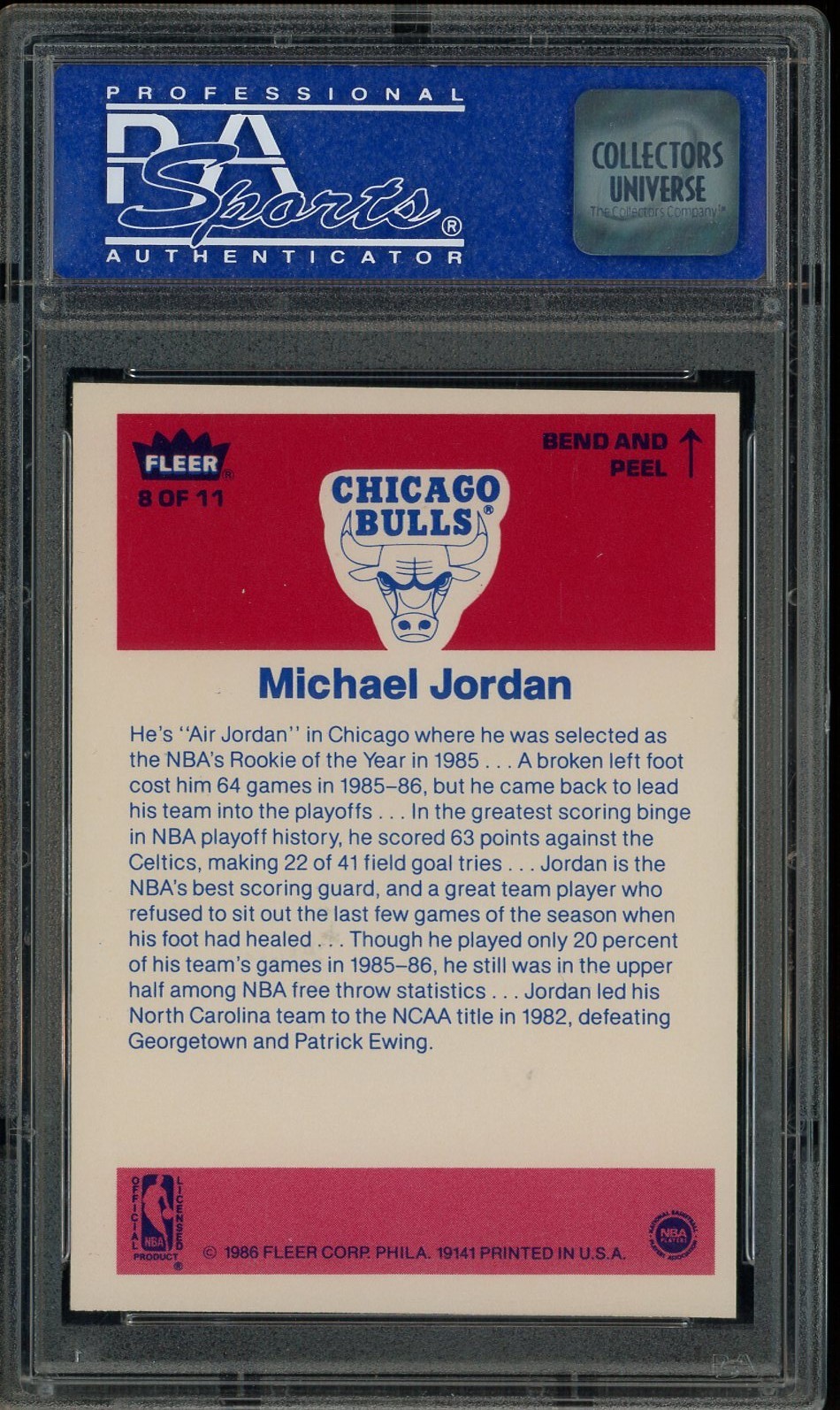 1986-87 Fleer Sticker Basketball #8 Michael Jordan Bulls RC Rookie HOF PSA 8 view 2