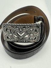 Brighton Brown Crocs Embossed Patent Brown Heart Rhinestones Belt Sz 38 XXL