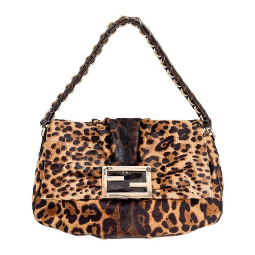 FENDI Mamma Baguette Brown Leopard Print Chain Shoulder Bag