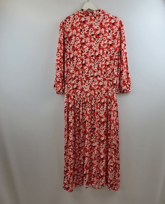 M&S Collection Floral Long Dress Red Viscose Size 14 Brand New Tiered Comfort