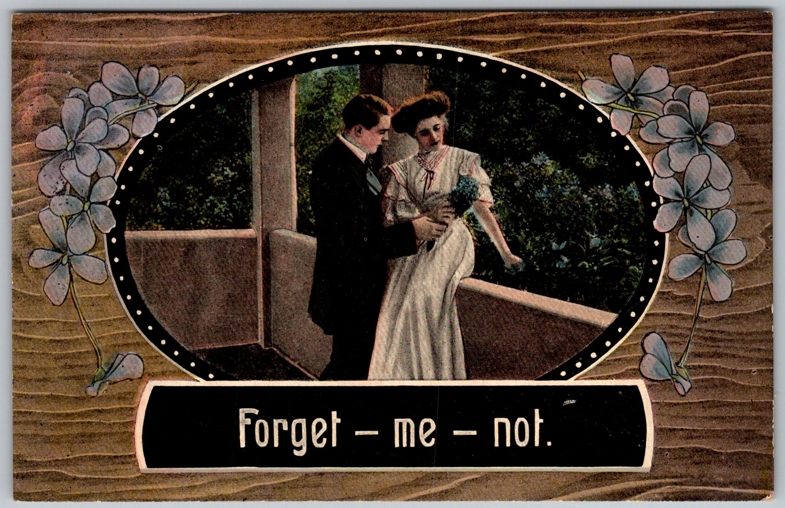 Antique Postcard Forget-me-not Couple Balcony 1910s