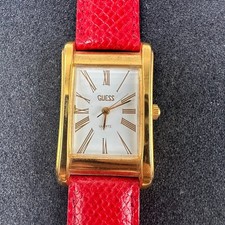 Vintage Guess Watch Womens Gold Tone Rectangle Red Leather Band New Battery 9"