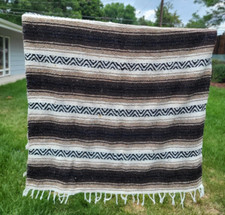 Vel Mex Mexican Blanket - Serape Throw - Vintage -Brown White - 41x71"