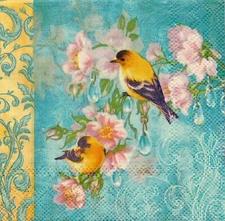 GOLDFINCH WILD ROSE Two Individual Cocktail size 3-ply Paper Decoupage Napkins