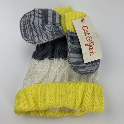 Cat & Jack Hat & Mitten Glove Set Infant One Size New Yellow Grey New