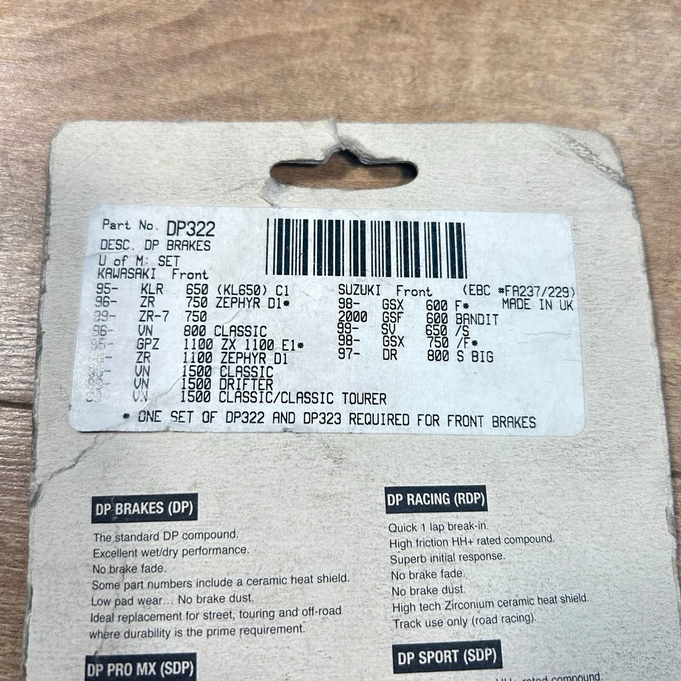 НОВЫЕ СПЕЧЕННЫЕ ТОРМОЗНЫЕ КОЛОДКИ DP / ПЕРЕДНИЕ / DP322 / KAWASAKI SUZUKI DL650 VN900 VL1500 - Изображение 2 из 2