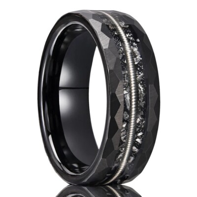 8MM Black Hammered Tungsten Carbide Ring Band Guitar String Inlaid Comfort Fit
