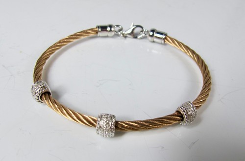 Savvy Cie Sterling 925 Diamond Rose Gold Stainless Steel Cable Bangle Bracelet - Picture 11 of 13