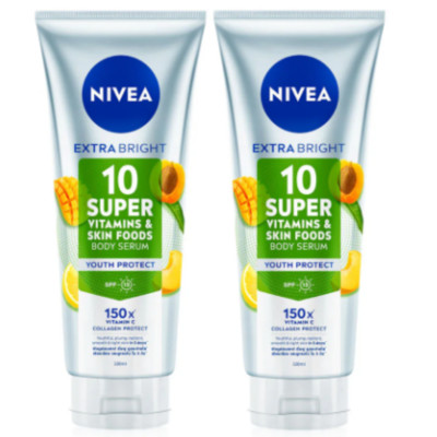 NIVEA Extra Bright 10 Super Vitamin Skin Foods Body  Youth Serum 320ml.x 2 tubes